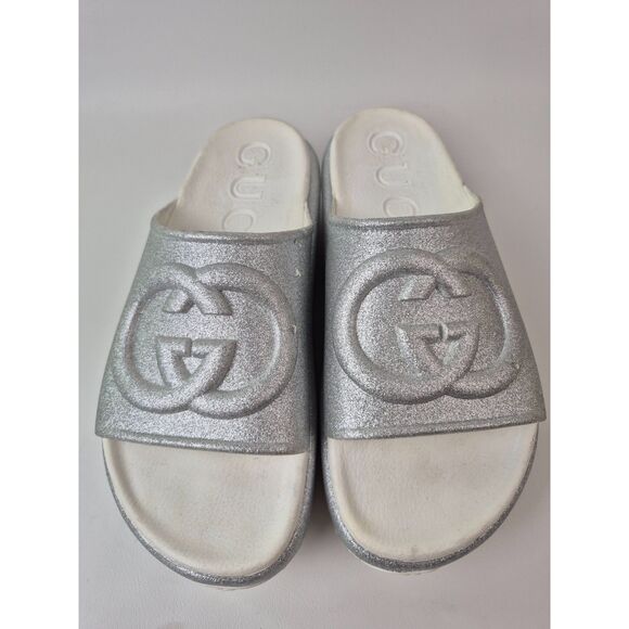 Gucci Miami Platform Slides Interlocking GG Glitter Rubber Sandal Silver Size 41 - Picture 5 of 8